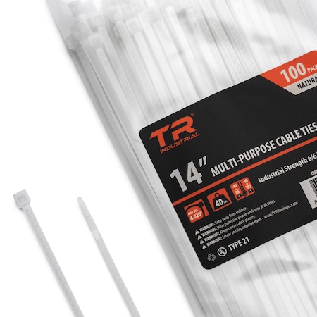 Tr Industrial Cable Tie, 14 in L, Natural, Nylon 6/6, 40 lb Strength, 200 PK TR88304N-2PK